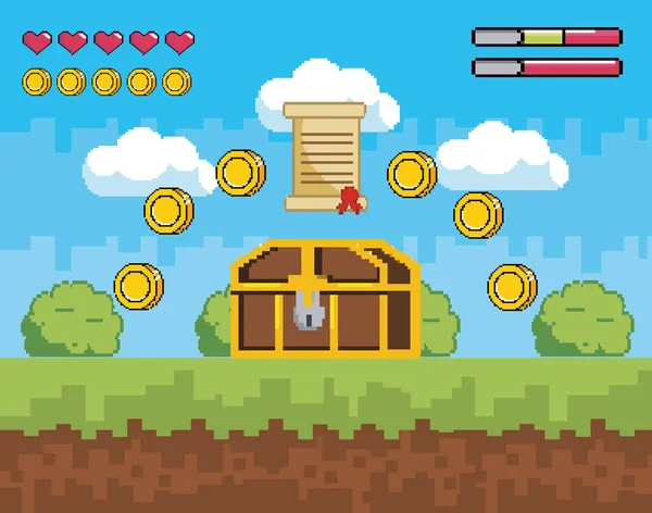 Videospel scen med coffer och bokstav med mynt — Stock vektor