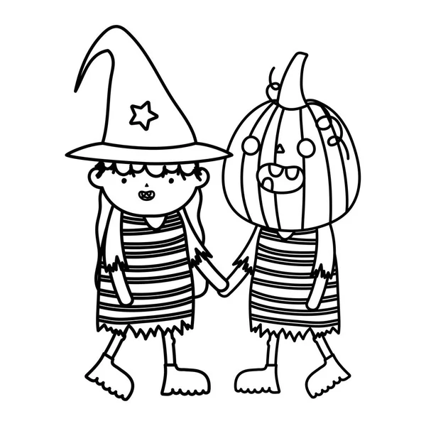 Girl witch and boy pumpkin costume trick or treat happy halloweenline design — Stock Vector
