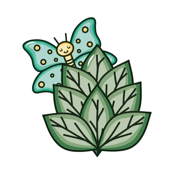 Huerto de plantas de hojas con caracteres kawaii mariposas — Vector de stock