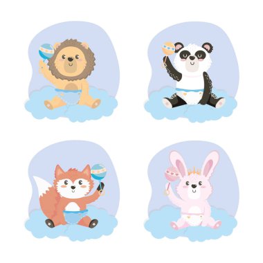 set of cute animal with rattles and diaper