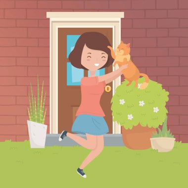 Kedi karikatür tasarımı ile kız