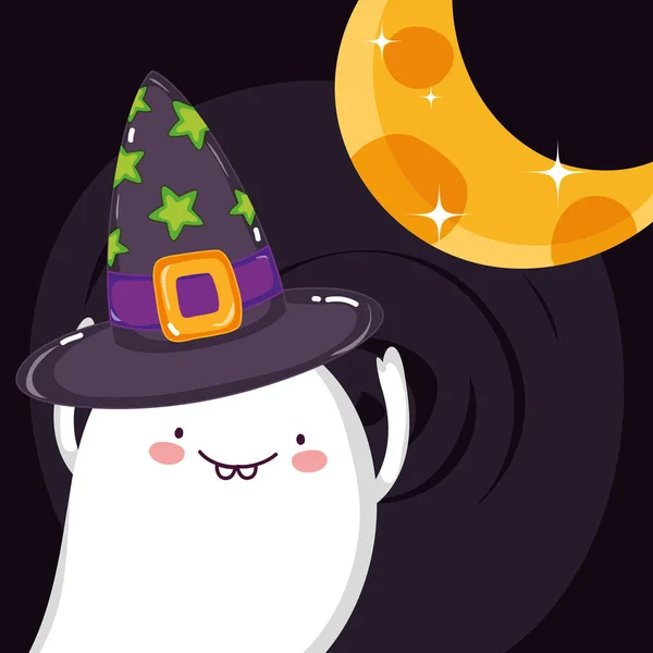 Happy ghost with hat moon halloween — Vettoriale Stock