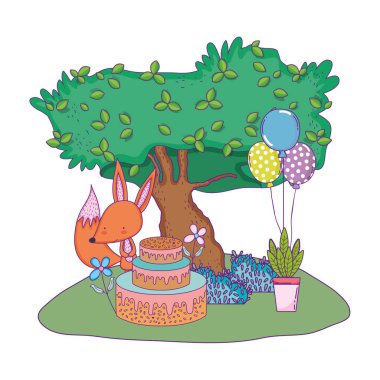 manzara içinde kek ve balonlar helyum ile tilki