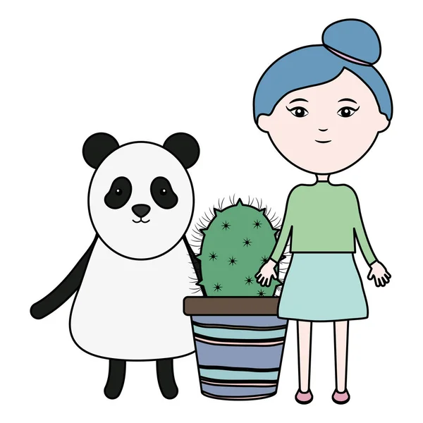 Cute bear panda and girl with exotic cactus in ceramic pot — Stock Vector