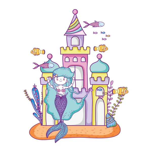 Sirena con castillo escena submarina — Vector de stock