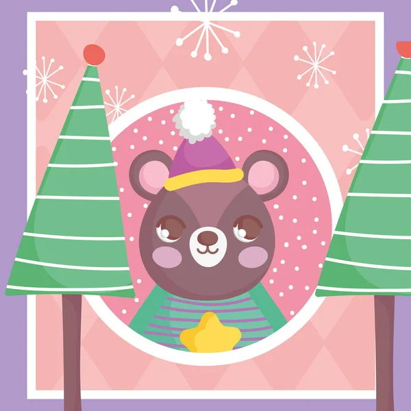 Bear with hat trees snowflakes merry christmas tag — стоковый вектор