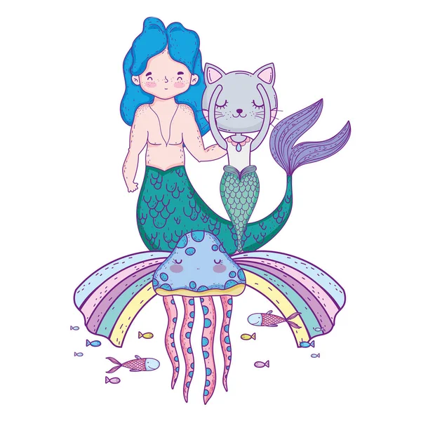 Male mermaid and purrmaid with rainbow — Stock Vector