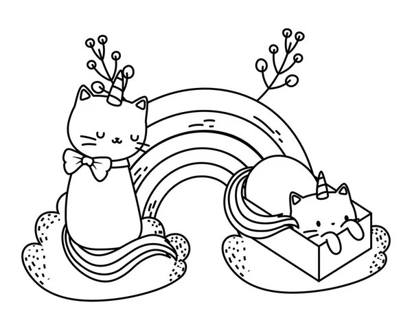 Unicorn cat cartoon couple vector design — Vector de stock