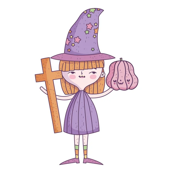 Happy halloween celebration girl witch pumpkin and cross — стоковый вектор