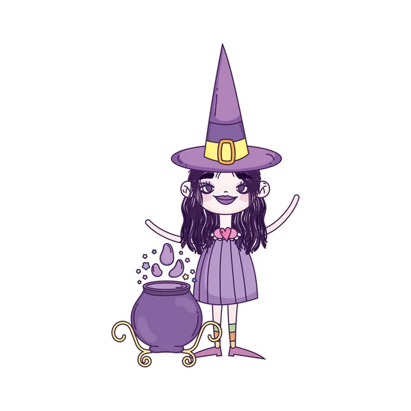 Happy halloween celebration girl with hat witch cauldron spell — Stock Vector