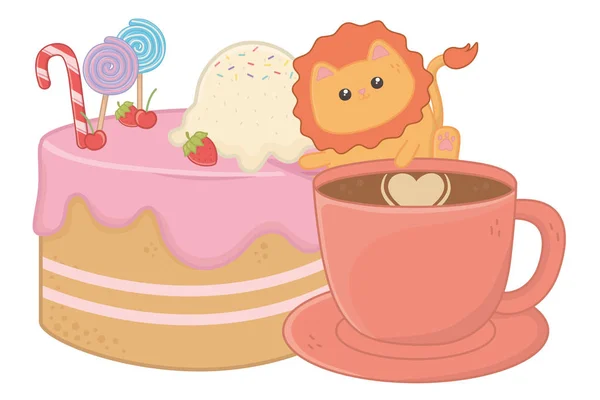 Kawaii of lion cartoon with cake design — Stock Vector