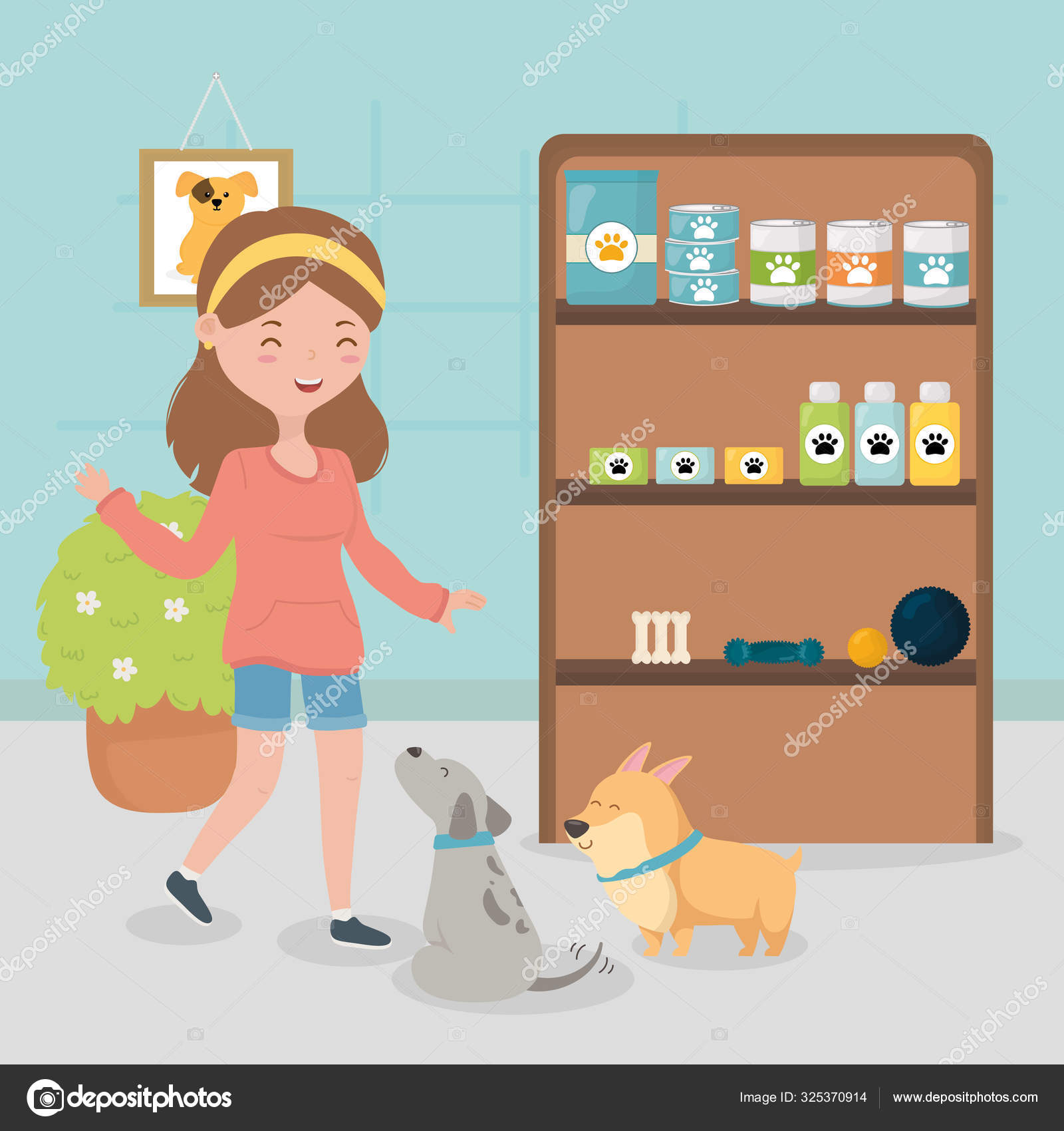 Girl and dogs in the vet with food medicine shelf pet care Stock