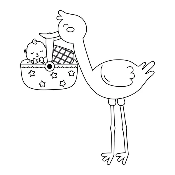 Cegonha com bebê em cesta em preto e branco — Vetor de Stock