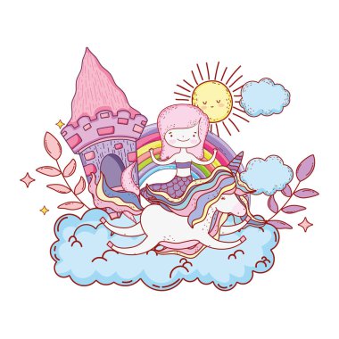 bulutlar içinde tek boynuzlu at ve gökkuşağı ile mermaid