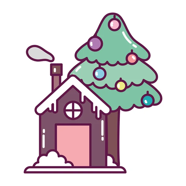 La casa linda y las bolas de árbol de decoración alegre icono de los christmas. — Archivo Imágenes Vectoriales