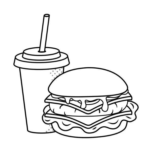 Hambúrguer e refrigerante preto e branco — Vetor de Stock