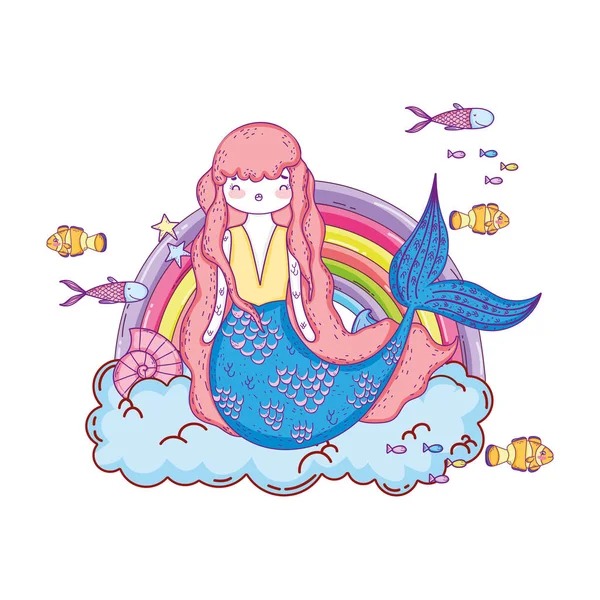 Cute mermaid with clouds and rainbow — Stock Vector