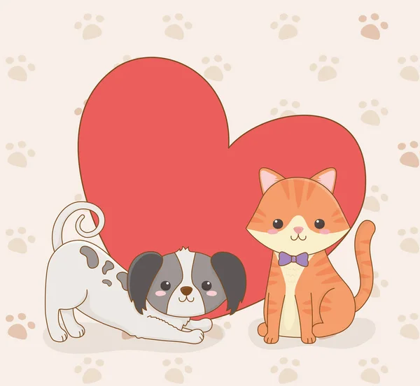 Χαριτωμένο μικρό σκυλάκι και γάτες μασκότ με την καρδιά αγάπη — Διανυσματικό Αρχείο