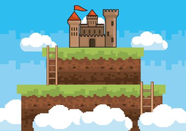 Arcade oyun dünya ve piksel sahne tasarım vektör illüstrasyon