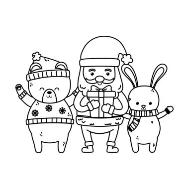 Sevimli Noel Baba hediye ve tavşan ayı mutlu noeller kalın çizgi