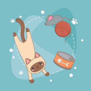 Ton balığı konservesi ve yün rulosu olan küçük sevimli kedi maskotu.