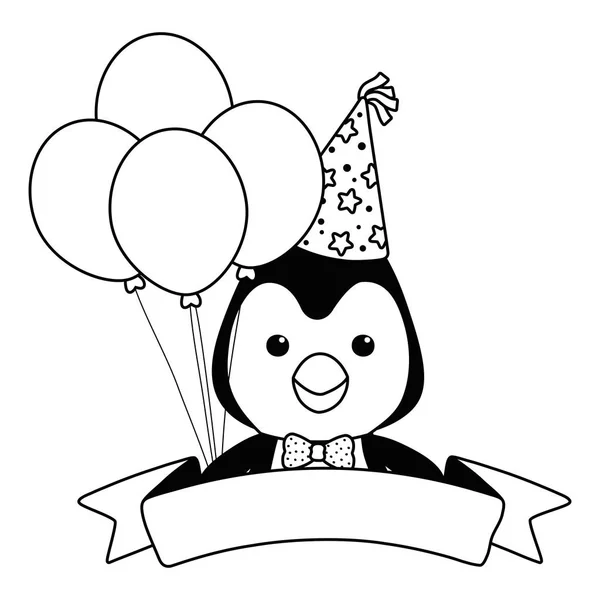 Dibujos animados de pingüino con diseño de icono de cumpleaños feliz — Vector de stock