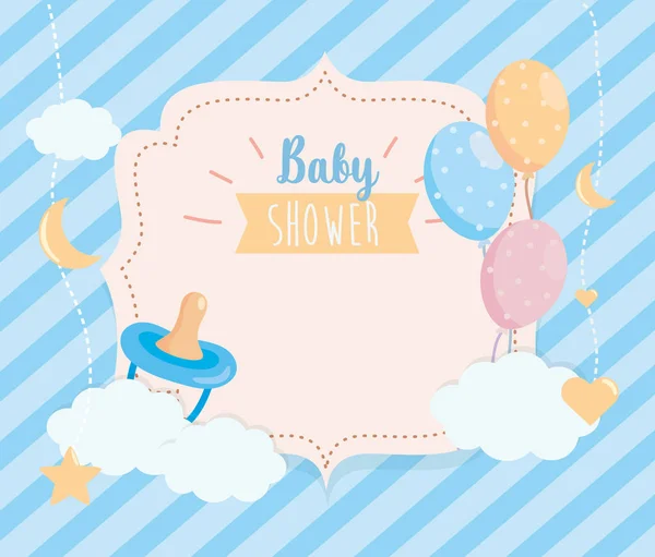 Label of pacifier with balloons and clouds decoration. — Vector de stock