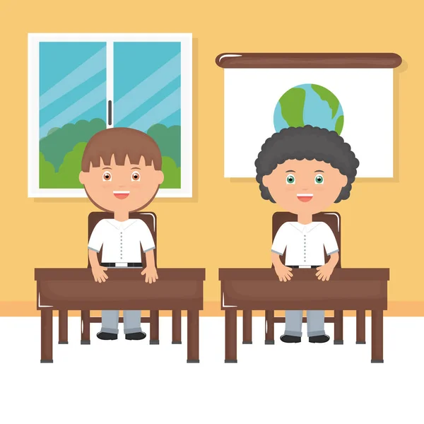 Cute little student boys in the classroom — Stock Vector