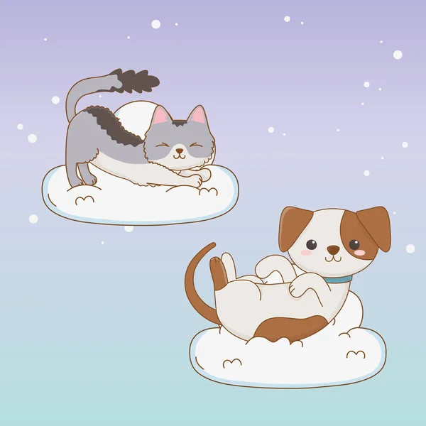 Bonito pequeno cão e gato mascotes flutuante no nuvens — Vetor de Stock