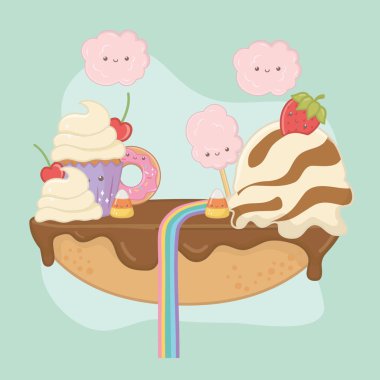 kawaii karakterleri ile çikolata krema tatlı pasta