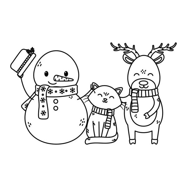 Snowman cat y celebración de renos festejan las navidades navideñas de la línea gruesa. — Archivo Imágenes Vectoriales