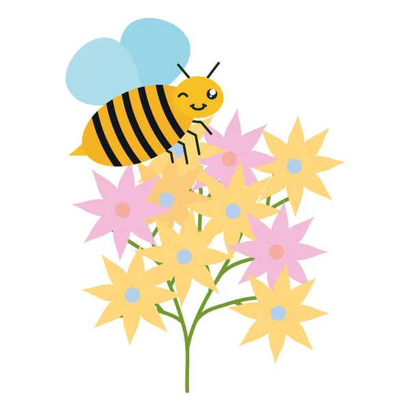 Jardín de flores con poco carácter kawaii volador de abejas — Vector de stock