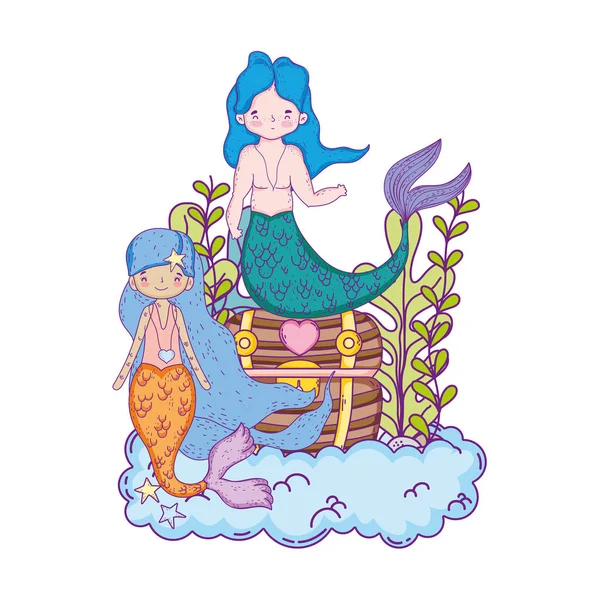Couple mermaids with treasure chest undersea — Stock Vector