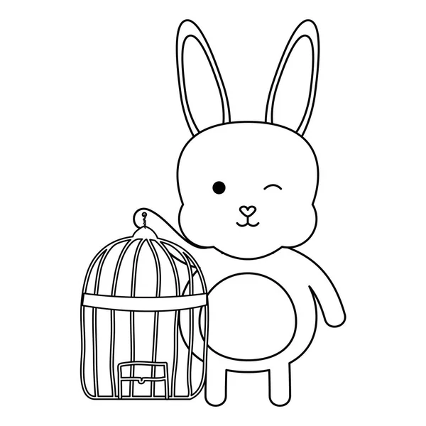 Cute little rabbit with cage bird — Stock Vector