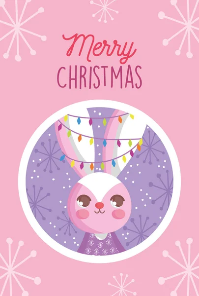 Hase mit Lichtern in den Ohren Schneeflocken frohe Weihnachten Tag — Stockvektor