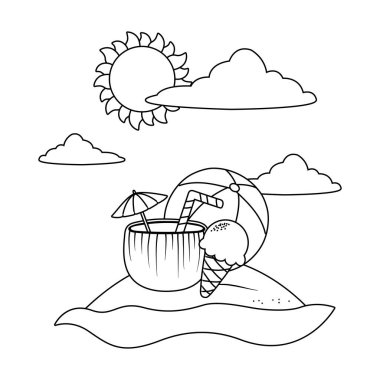 Siyah ve beyaz yaz ve plaj karikatürler elemanları