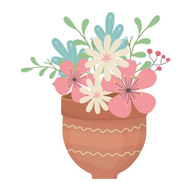 Saksı vektör tasarımında çiçekler ve yapraklar