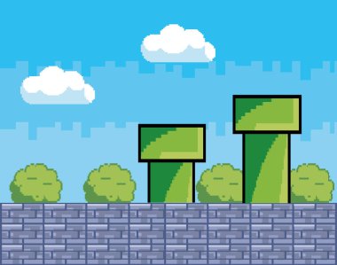 Arcade oyun dünya ve piksel sahne tasarım vektör illüstrasyon