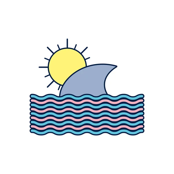 Літній океан з акулячим плавцем і сонячним деталізованим стилем — стоковий вектор