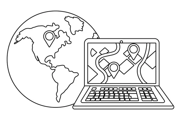 Přenosný počítač s glóbus v černém a bílém — Stockový vektor