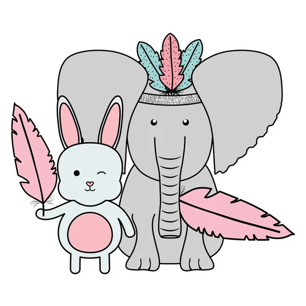 Elefante y conejo al estilo bohemio de los sombreros plumas — Archivo Imágenes Vectoriales