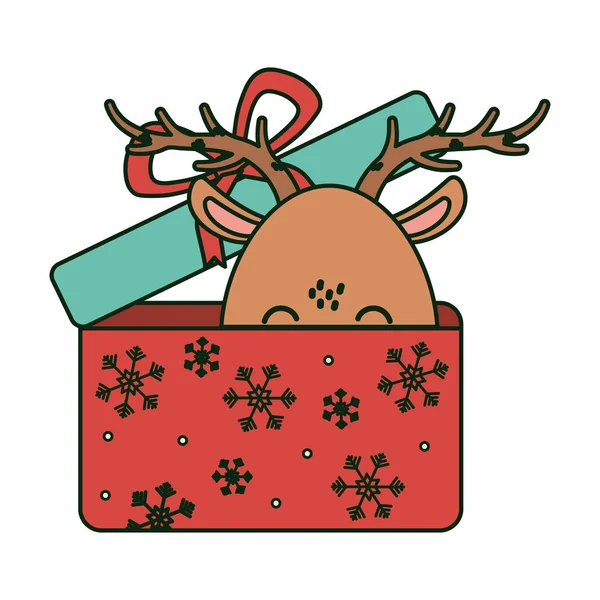 Reindeer coming out gift box celebration merry christmas — Archivo Imágenes Vectoriales
