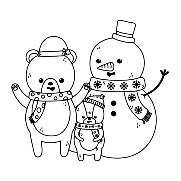 Милий сніговик ведмідь білка з капелюхами весела різдвяна товста лінія — стоковий вектор