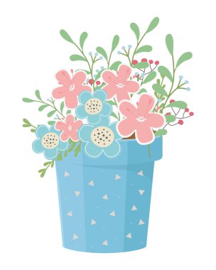 Saksı vektör tasarımında çiçekler ve yapraklar
