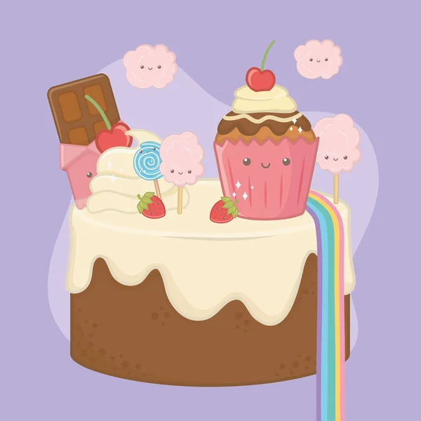 Gâteau sucré à la crème au chocolat avec caractères kawaii — Image vectorielle