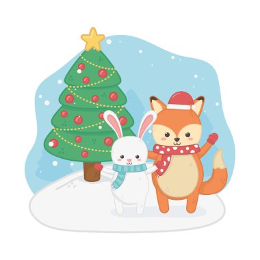 Tilki ve tavşanla mutlu noel kartları