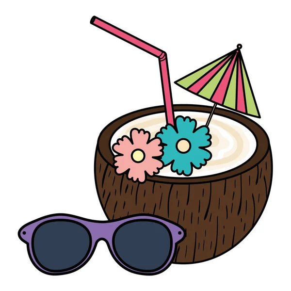 Tropische kokosnoot cocktail en zonnebril — Stockvector