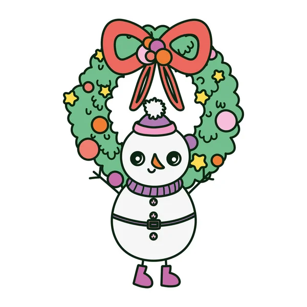 Snowman with wreath ribbon merry christmas — Vettoriale Stock