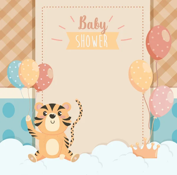 Carta di animale tigre con decorazioni palloncini e nuvole — Vettoriale Stock