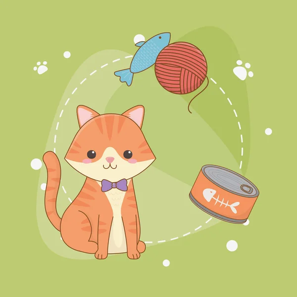 Pequeña mascota de gato lindo con atún puede y rollo de lana. — Vector de stock